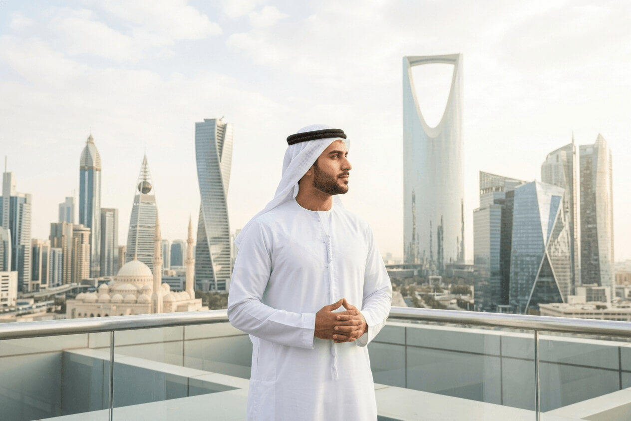 Businessman overlooking Middle Eastern financial district representing global wealth vision